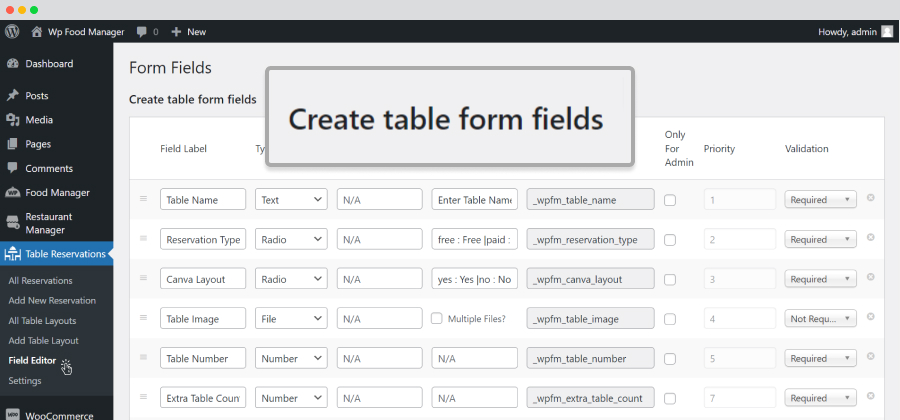 Table Reservations-Field Editor-Table forms